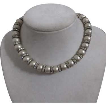 Simulated Pearl and Rhinestone Choker Necklace