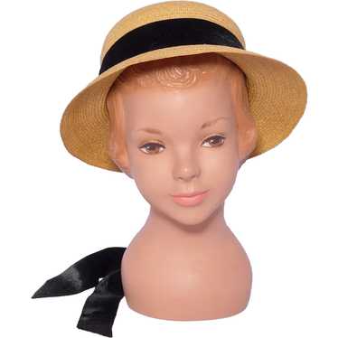 Vintage 1940s-1950s Childs/Girls Straw Hat Black … - image 1