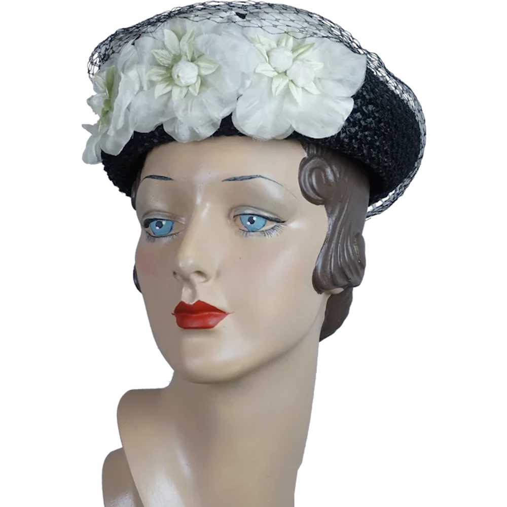 50s Black Straw Pillbox Hat w/ White Silk Florals - image 1