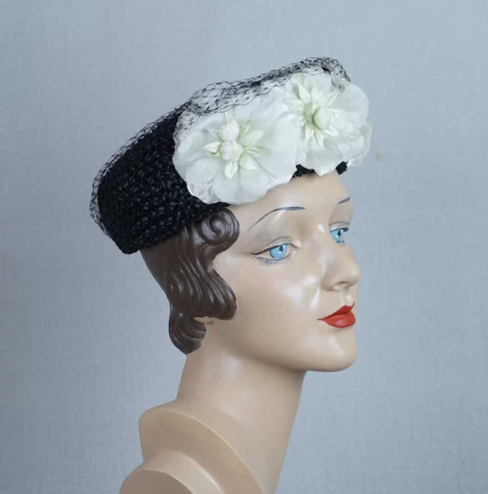 50s Black Straw Pillbox Hat w/ White Silk Florals - image 2