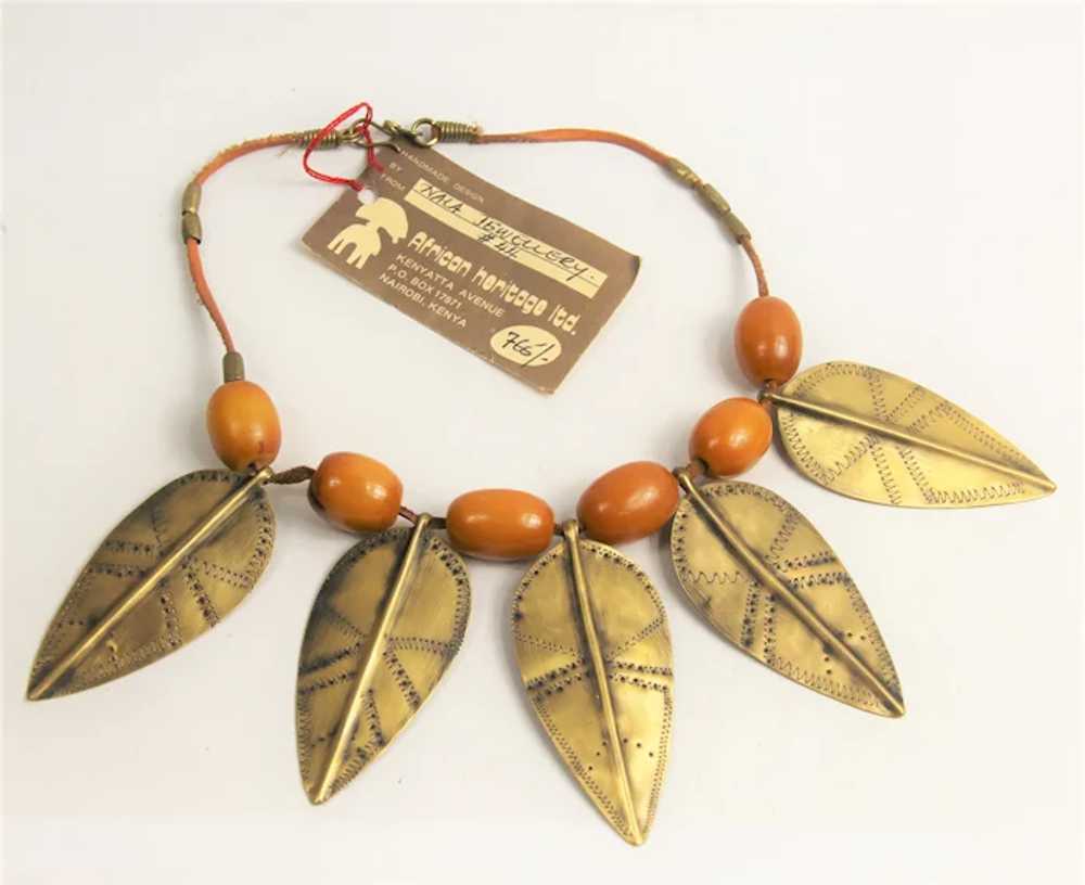 Rare Estate Somali African Amber & Brass Leaf Sta… - image 3