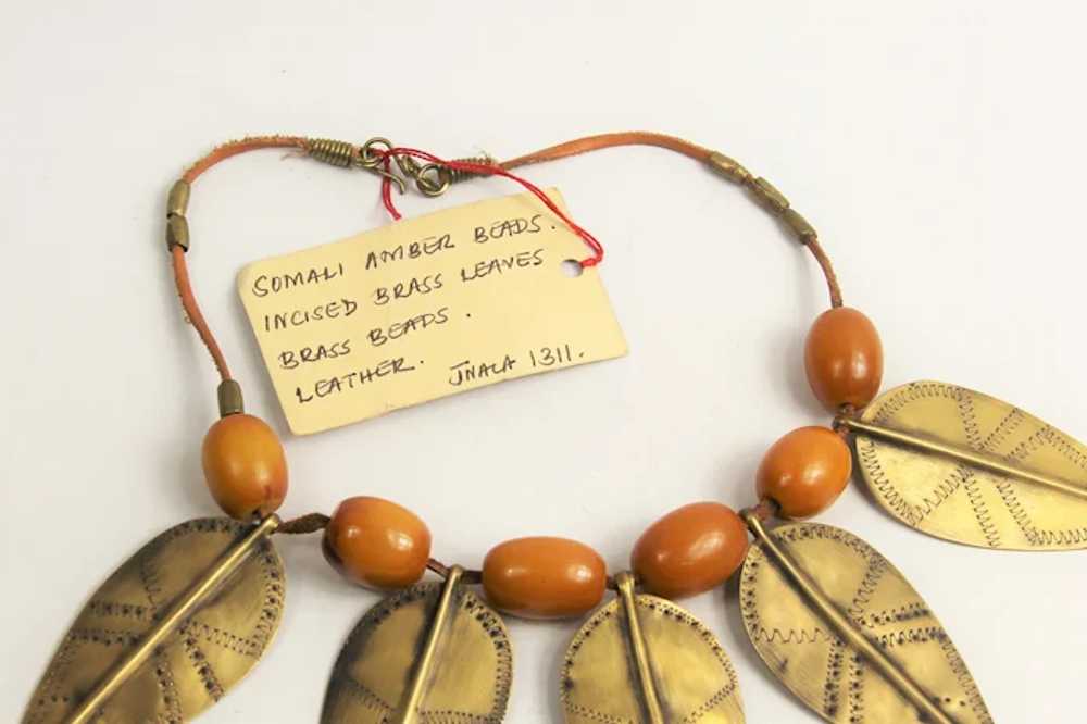 Rare Estate Somali African Amber & Brass Leaf Sta… - image 4