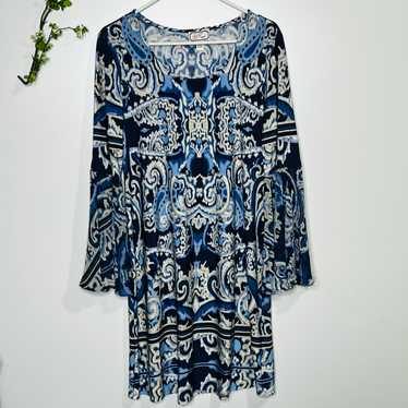 Ivy Road Blue White Ikat Print Bell Sleeve Dress - image 1