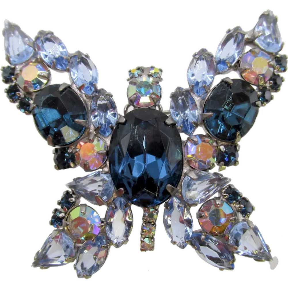 Sapphire and Light Blue Rhinestone Butterfly Broo… - image 1