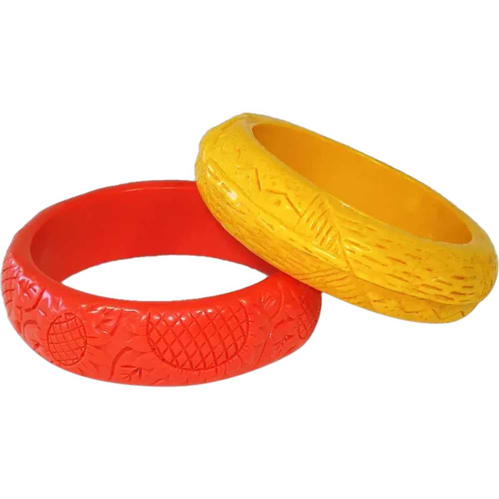 Orange Yellow Pair Carved Plastic Bangle Bracelets - image 1