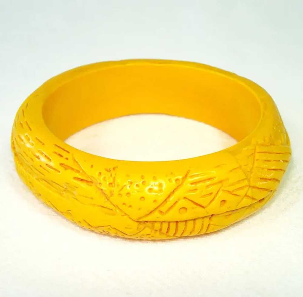 Orange Yellow Pair Carved Plastic Bangle Bracelets - image 2