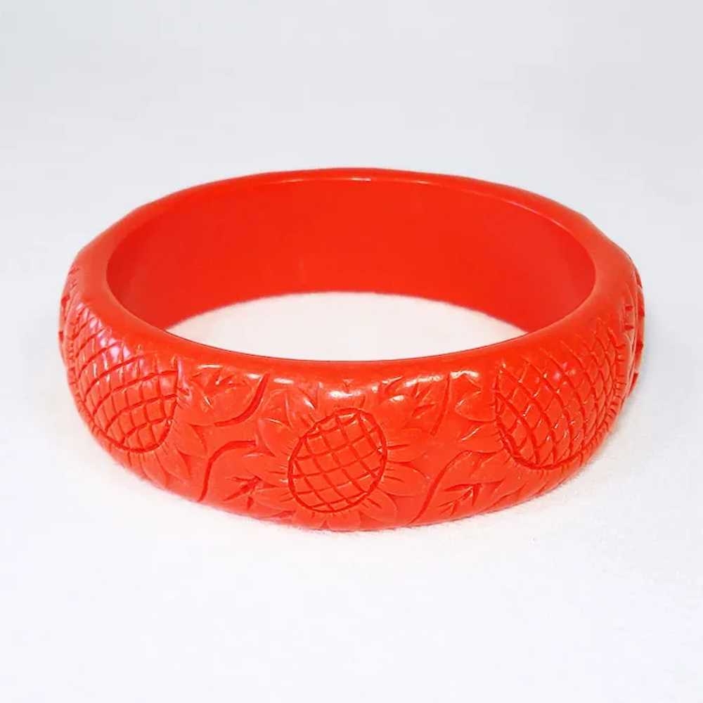 Orange Yellow Pair Carved Plastic Bangle Bracelets - image 3