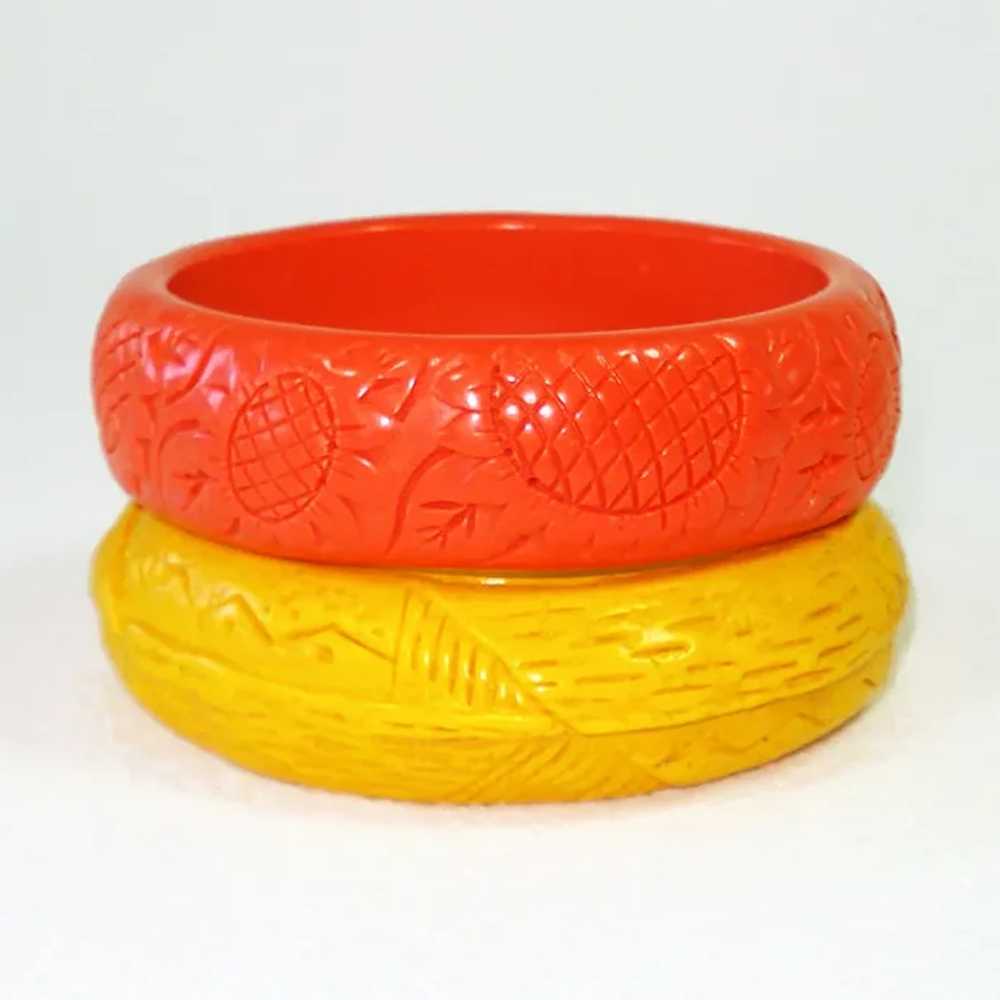 Orange Yellow Pair Carved Plastic Bangle Bracelets - image 4