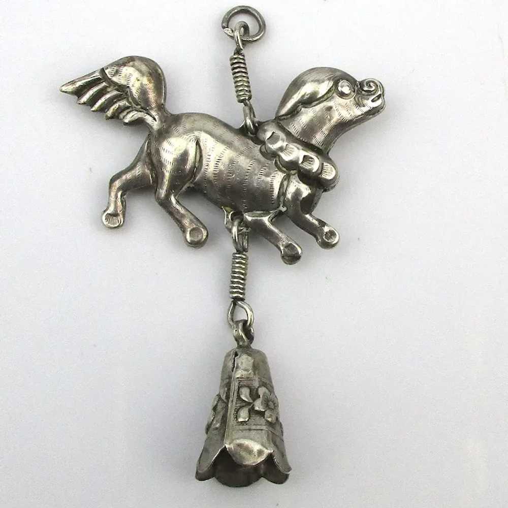 Antique Asian Foo Dog Sterling Silver Pendant w/ … - image 3