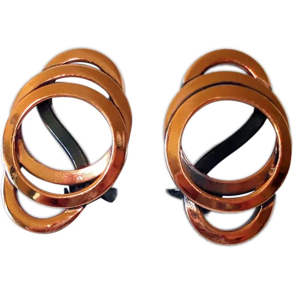 Layered Rings Modernist Copper Clip Earrings - image 1