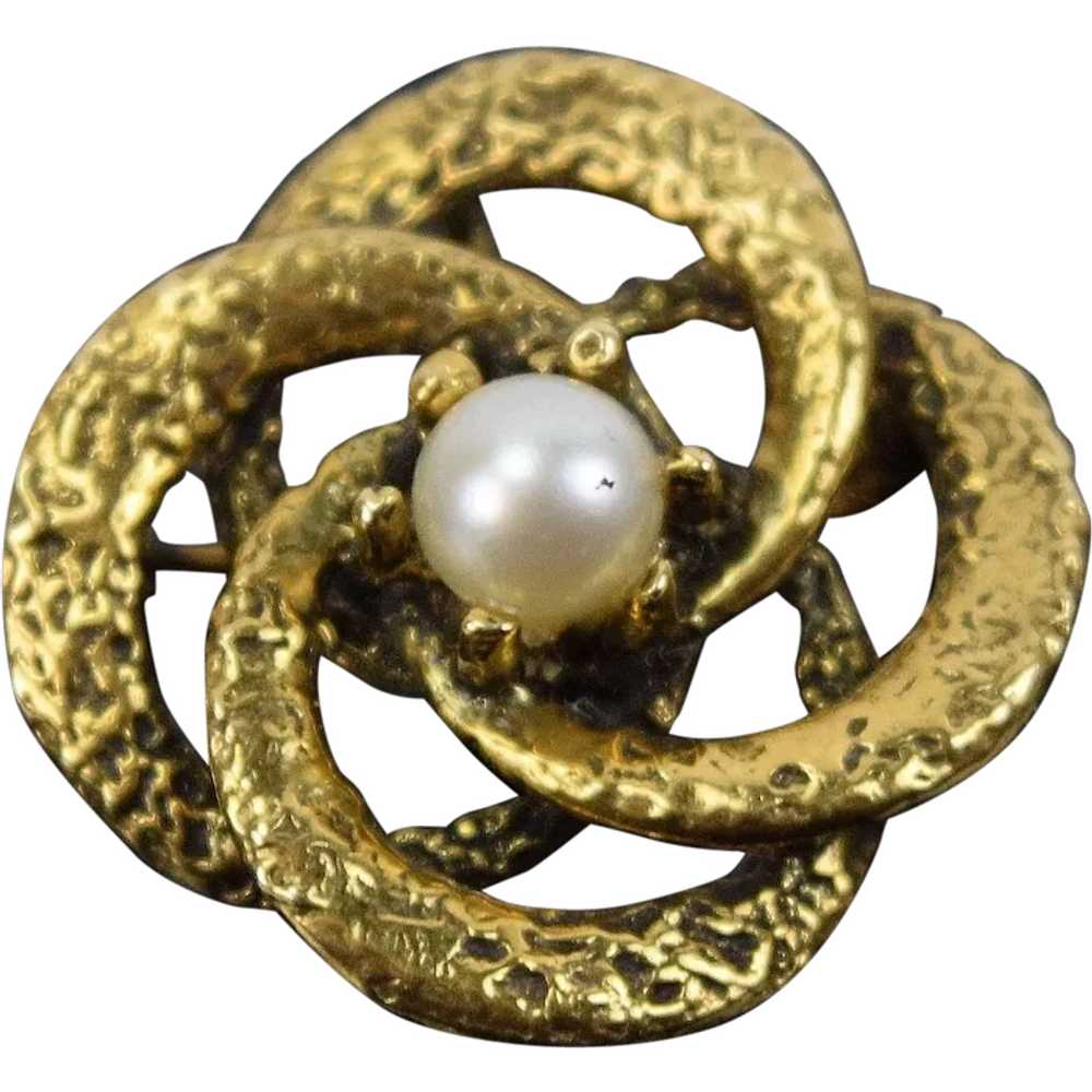 Vintage 14k Solid Gold Brooch Solitaire Pearl Int… - image 1