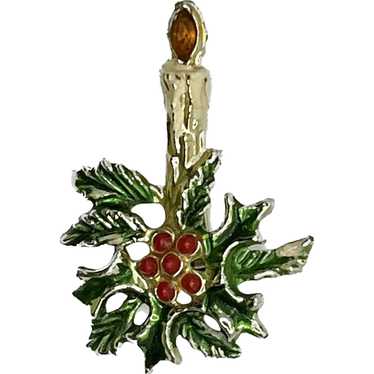 Holiday Candle Wreath Enameled Vintage Brooch - image 1