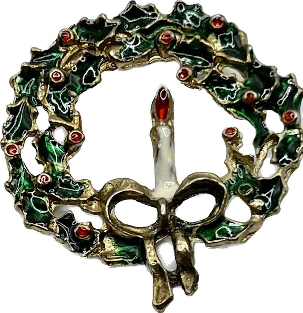 Holiday Candle Wreath Enameled Vintage Brooch - image 2