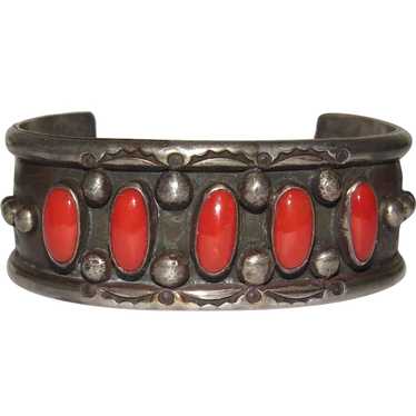 VTG Navajo Mediterranean Coral Cuff Bracelet Ster… - image 1