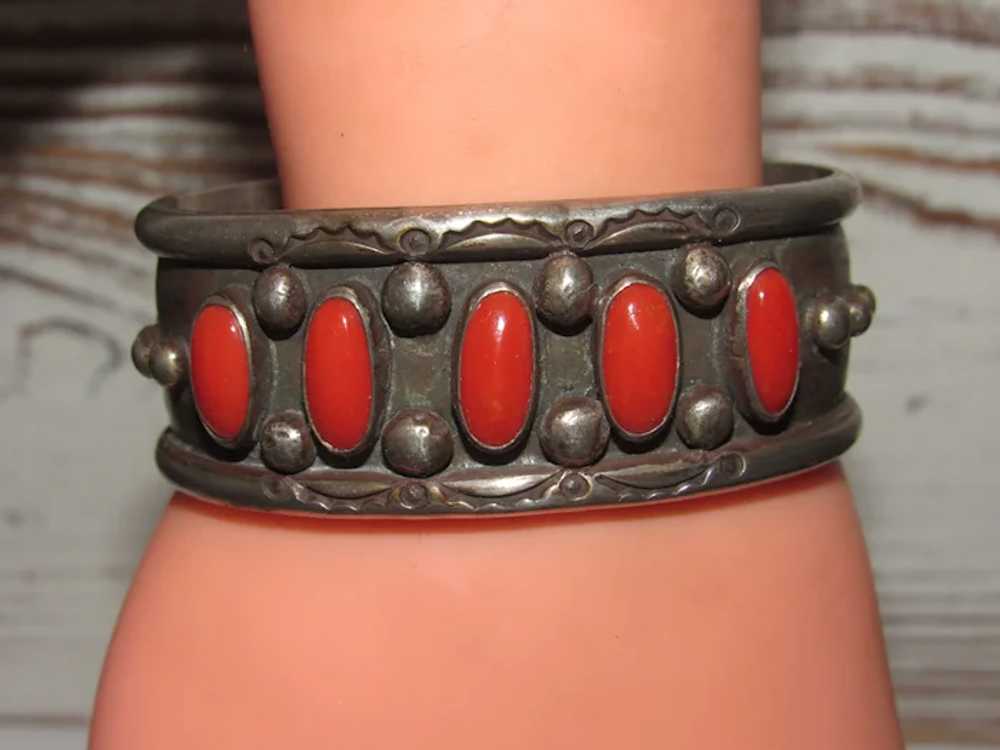 VTG Navajo Mediterranean Coral Cuff Bracelet Ster… - image 4