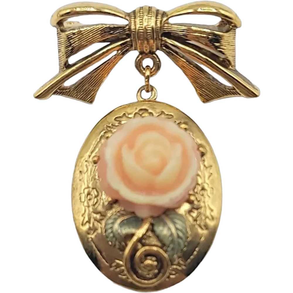 1928 Jewelry Gold Tone Bow Pink Rose Dangle Locke… - image 1