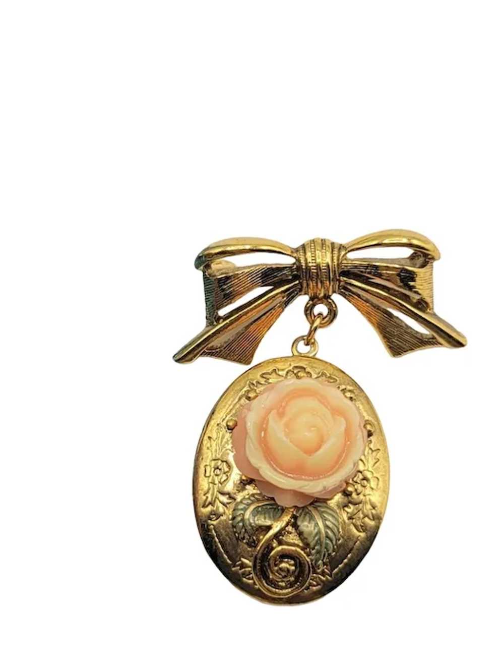 1928 Jewelry Gold Tone Bow Pink Rose Dangle Locke… - image 3