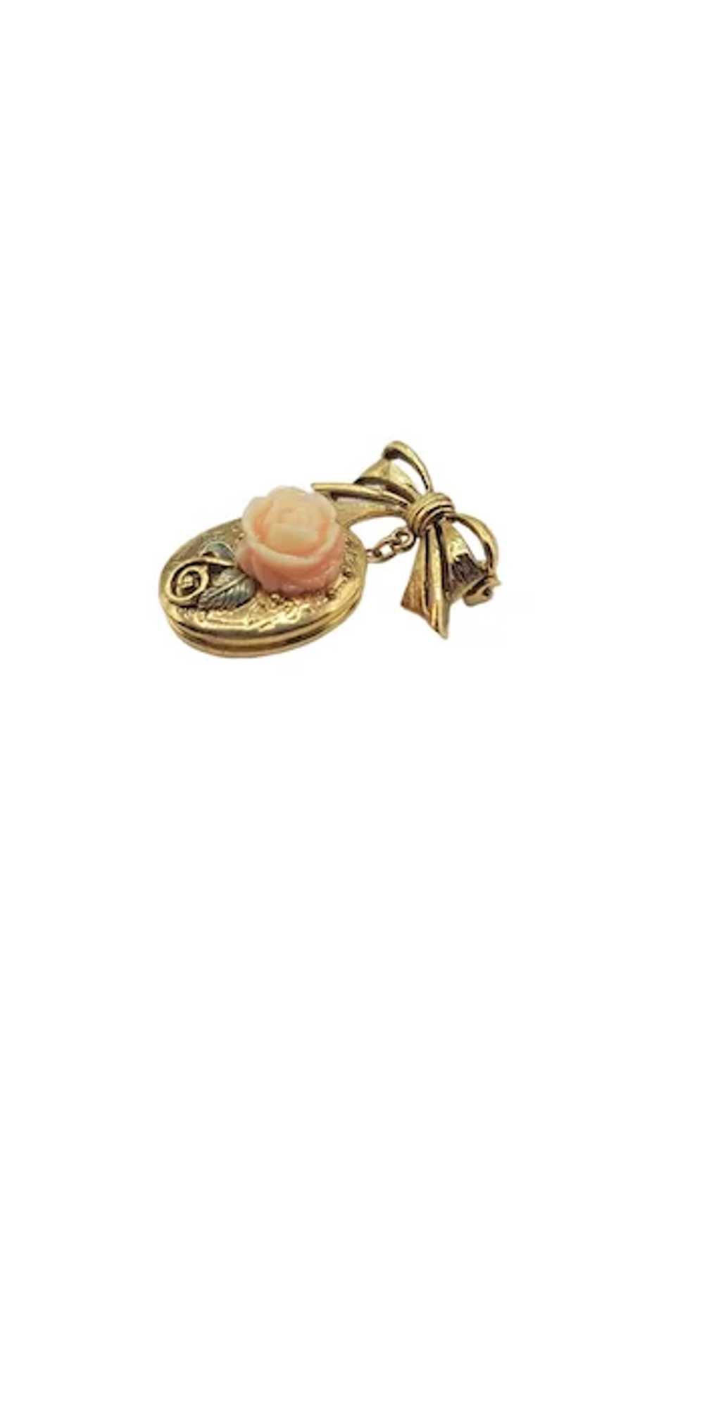 1928 Jewelry Gold Tone Bow Pink Rose Dangle Locke… - image 4