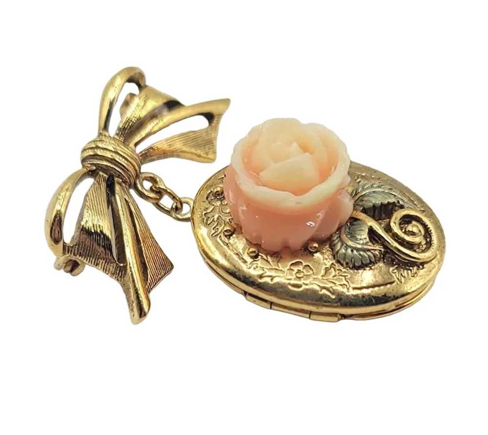 1928 Jewelry Gold Tone Bow Pink Rose Dangle Locke… - image 5