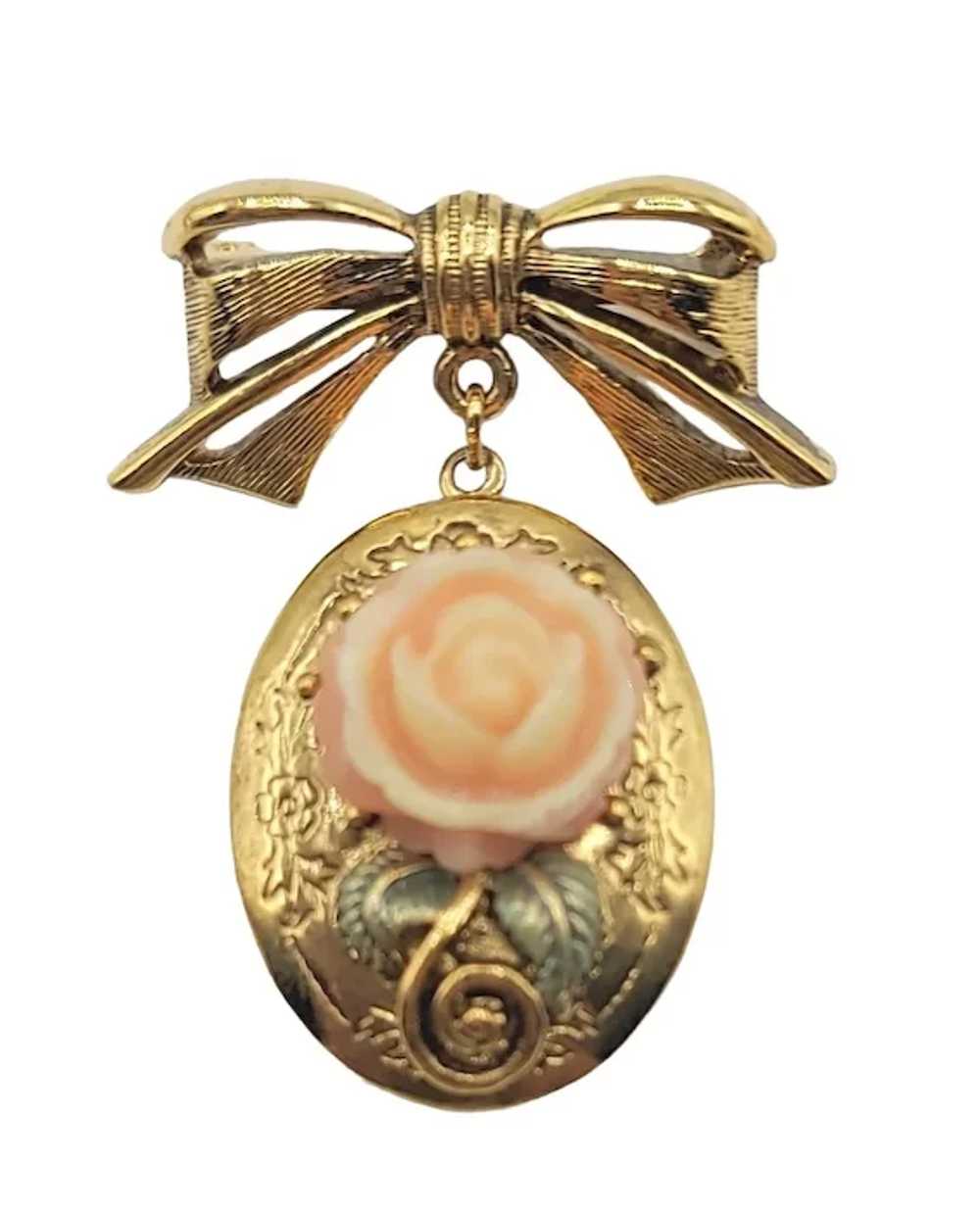 1928 Jewelry Gold Tone Bow Pink Rose Dangle Locke… - image 9