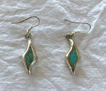 Silver Earrings Turquoise Inlay Dangle Wire Hook … - image 1