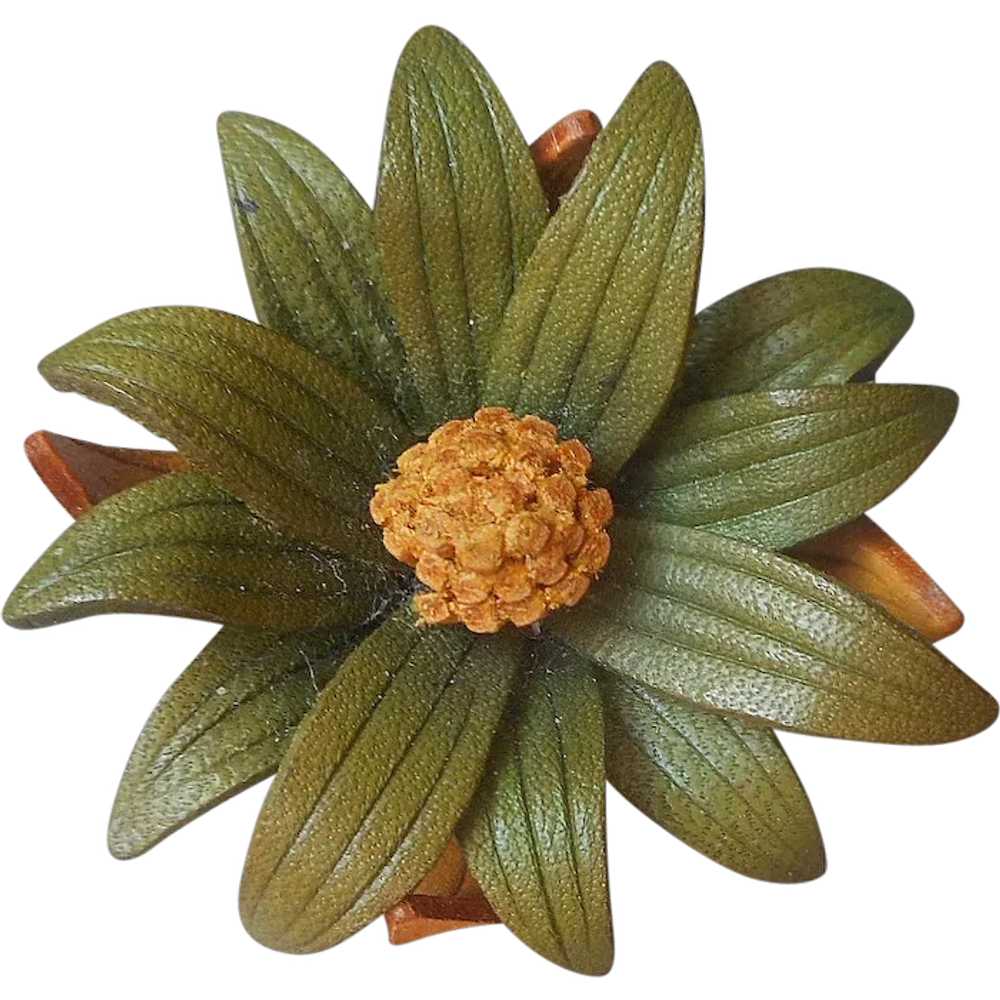 Leather Flower Pin Vintage Canada Green Golden Ye… - image 1