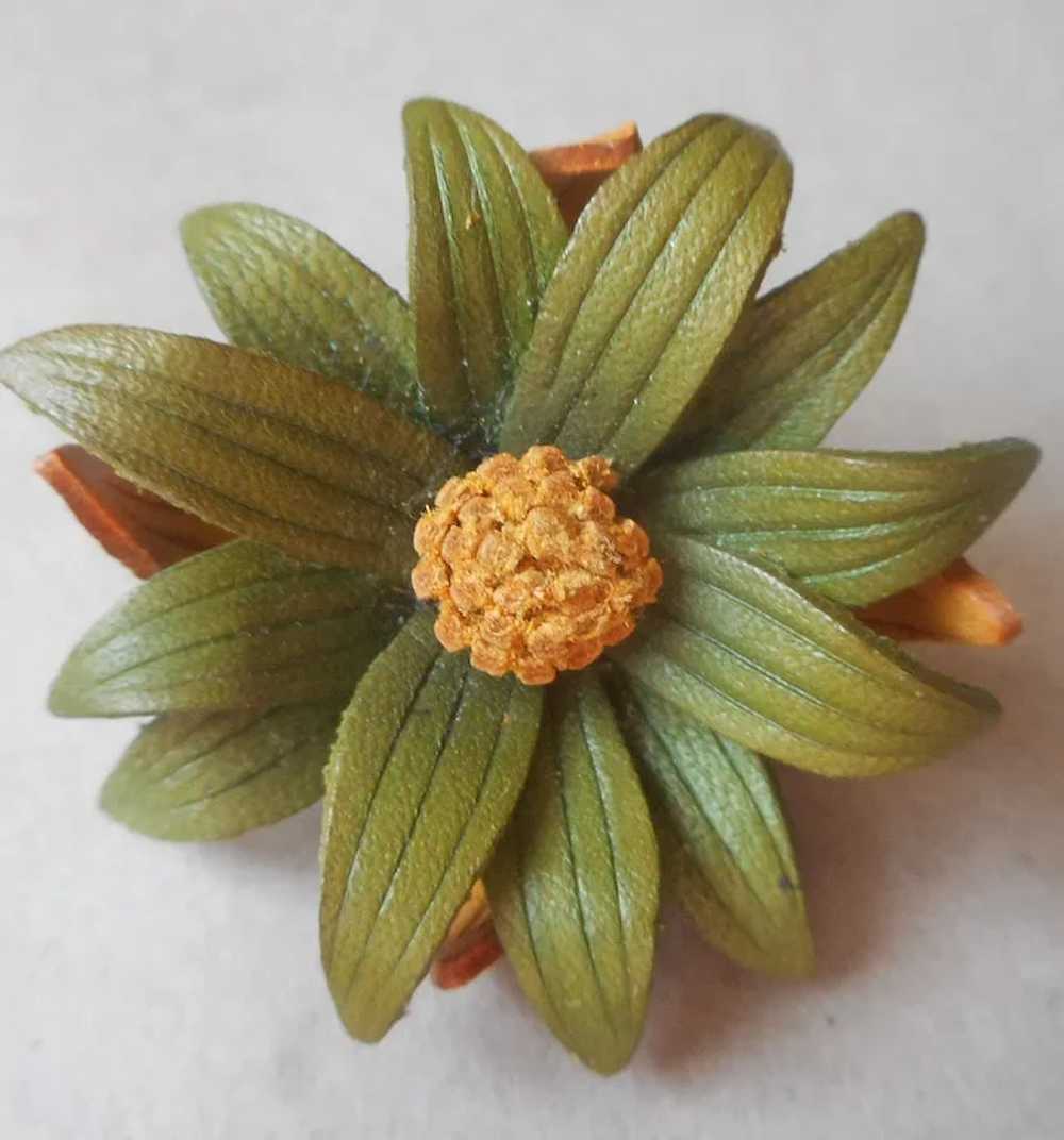 Leather Flower Pin Vintage Canada Green Golden Ye… - image 4