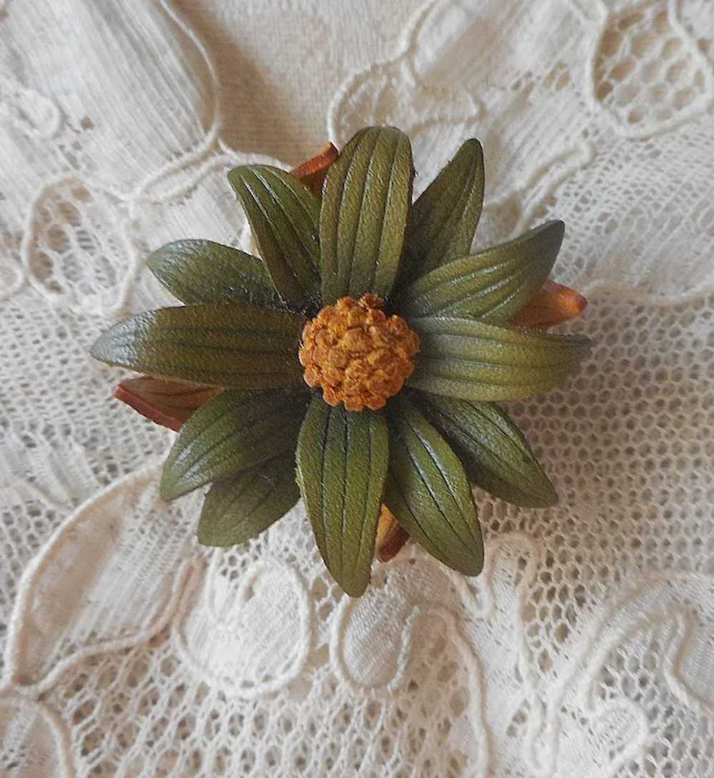 Leather Flower Pin Vintage Canada Green Golden Ye… - image 6