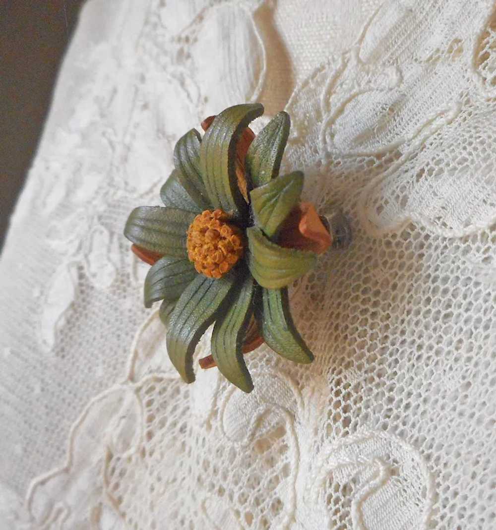 Leather Flower Pin Vintage Canada Green Golden Ye… - image 7