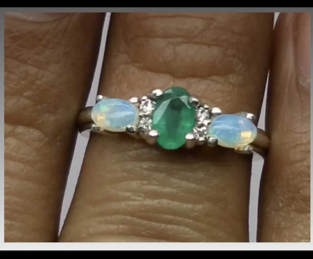 14k Emerald, Opal & Diamonds Ring, free resize - image 4