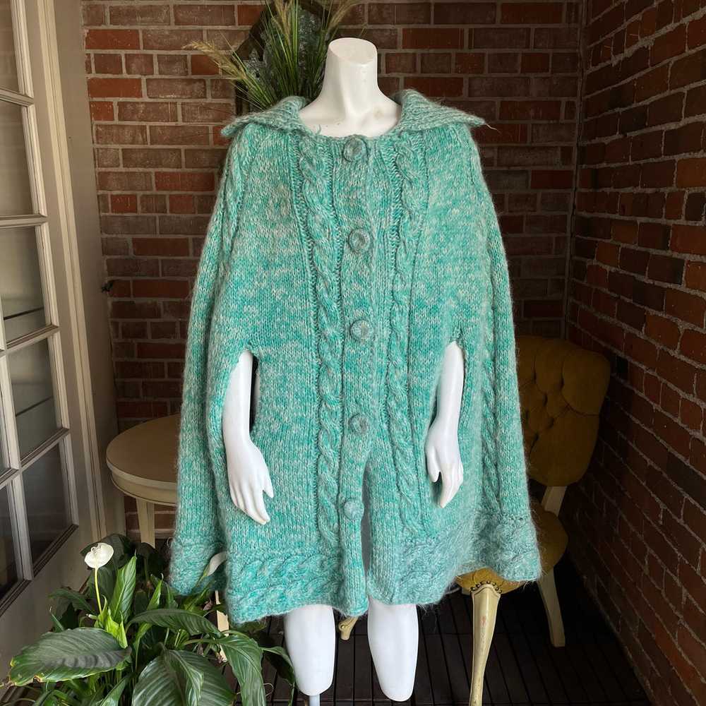 1960s Turquoise Cable Knit Cape - image 1