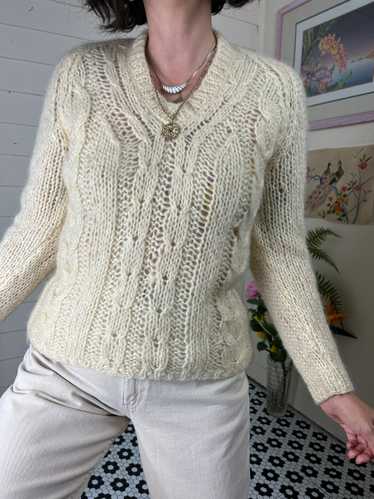 60s CROCHET CABLE KNIT WOOL CREAM SWEATER