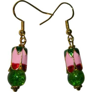 Lovely Pink Green Red Enamel & Glass Tulip Earring