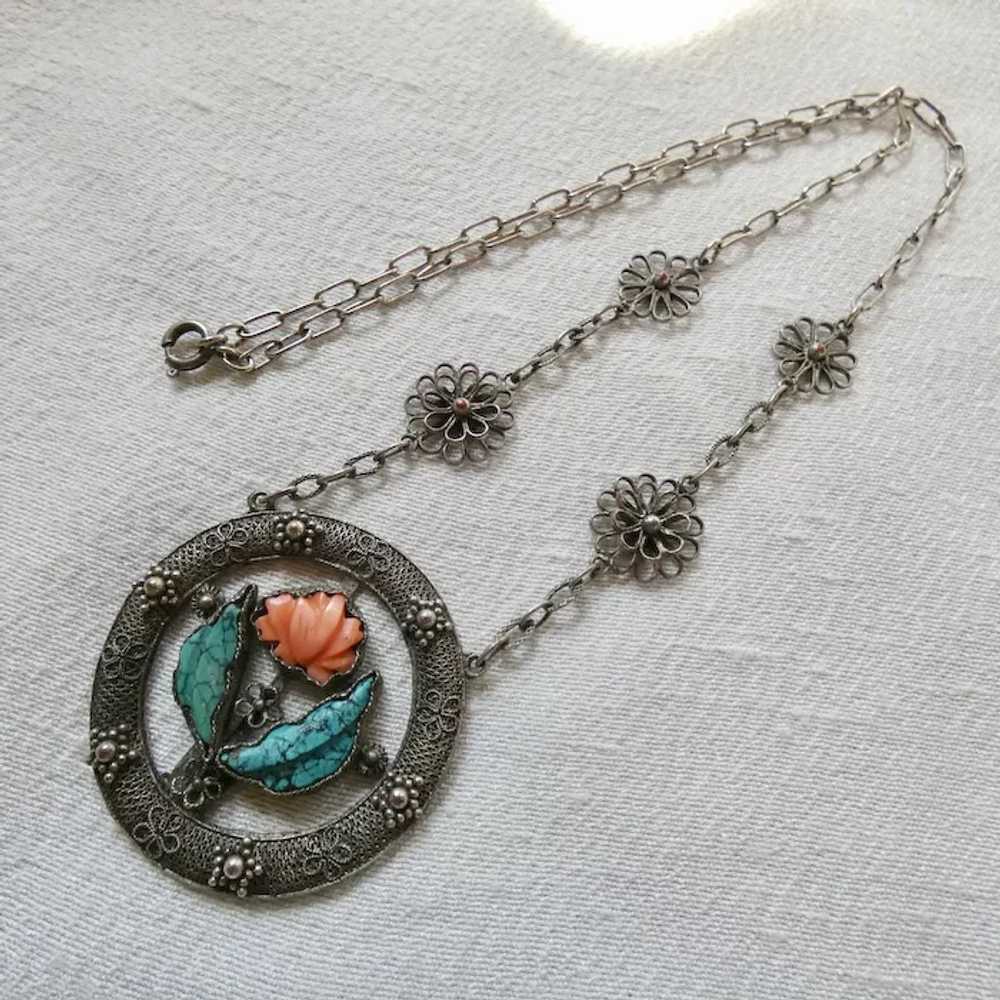 Antique Chinese Carved Coral Turquoise Necklace - image 2