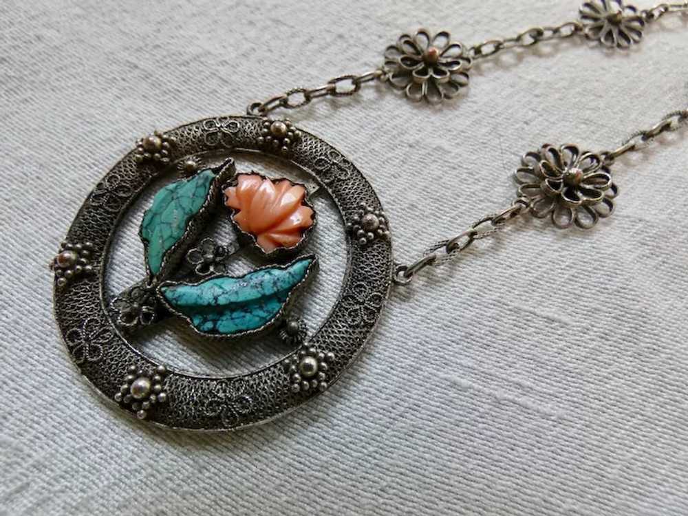 Antique Chinese Carved Coral Turquoise Necklace - image 3
