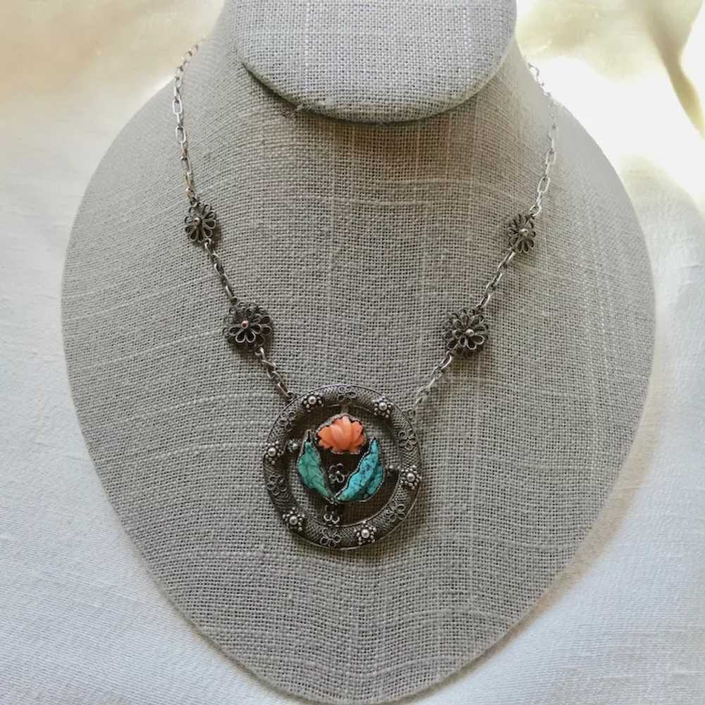Antique Chinese Carved Coral Turquoise Necklace - image 4