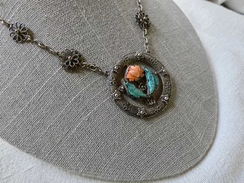 Antique Chinese Carved Coral Turquoise Necklace - image 5
