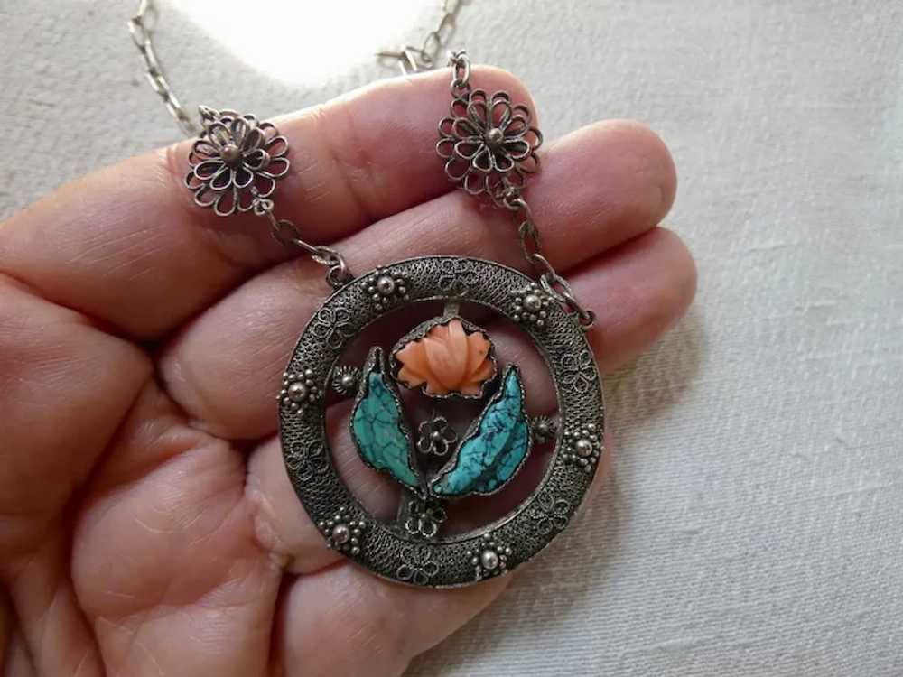 Antique Chinese Carved Coral Turquoise Necklace - image 6