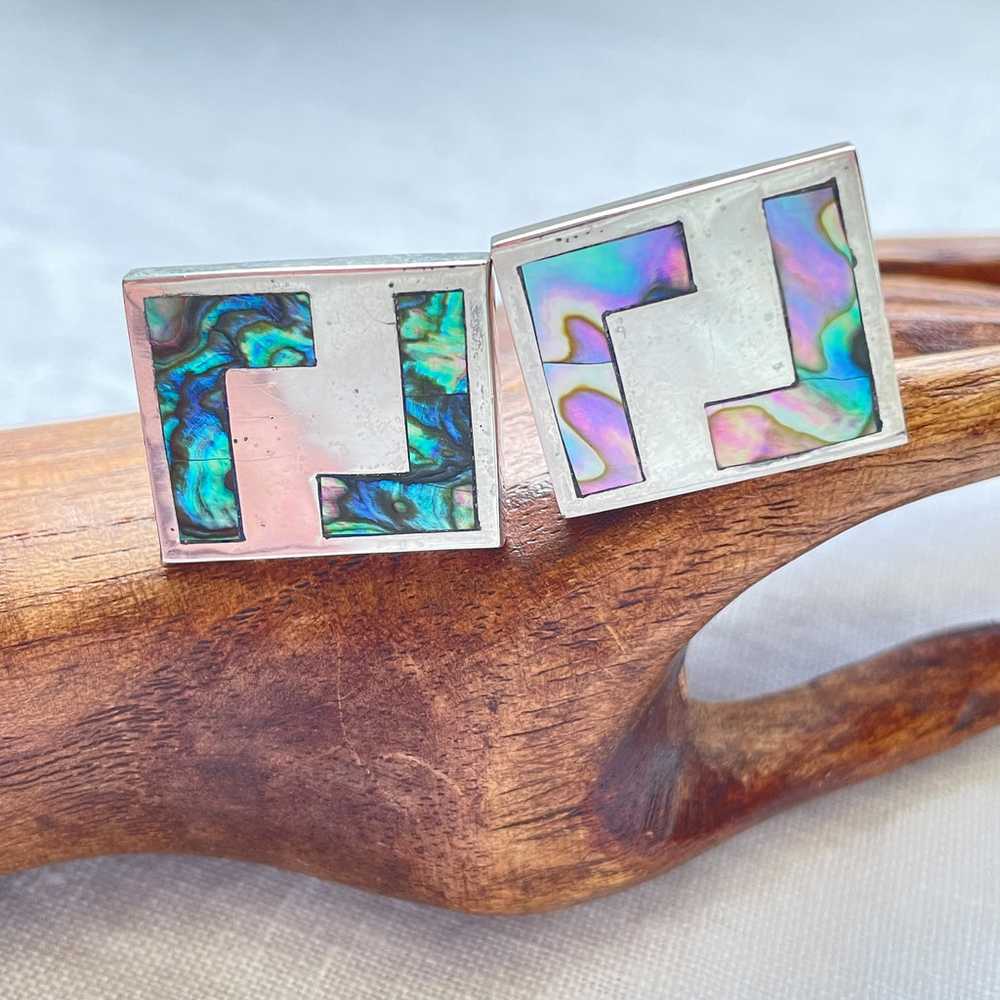 Vintage Sterling Silver Abalone MCM Cufflinks, Ta… - image 2