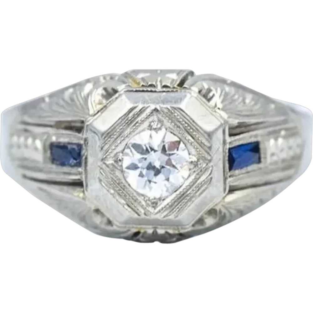 Unisex Art Deco Diamond Sapphire Ring - image 1