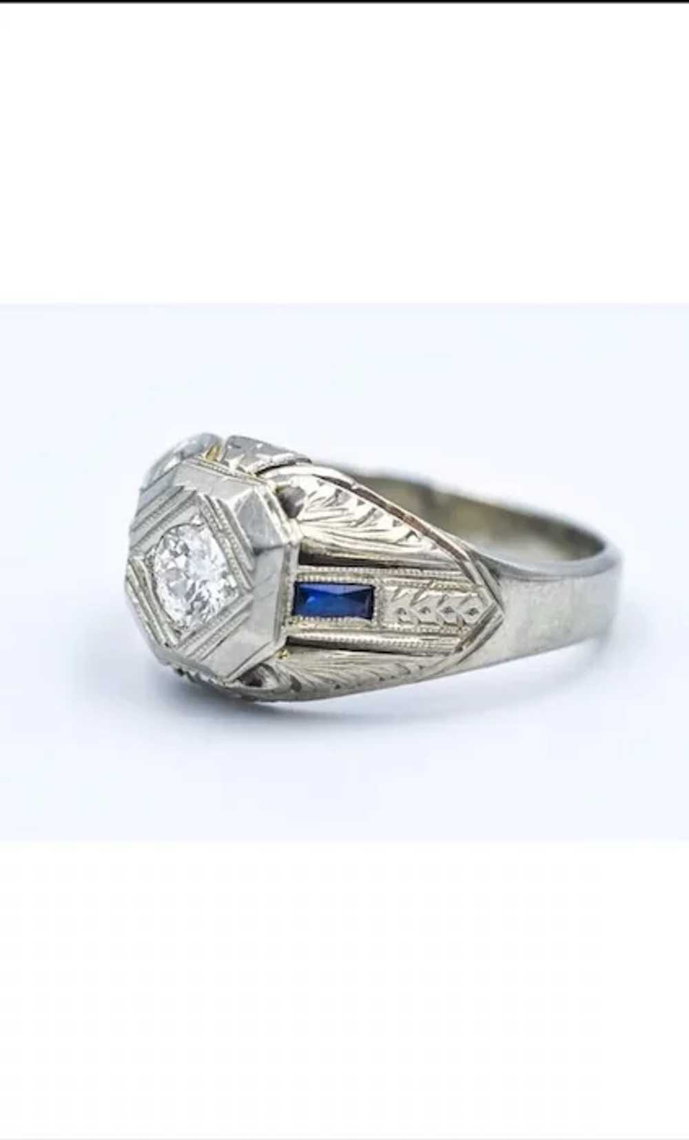 Unisex Art Deco Diamond Sapphire Ring - image 2