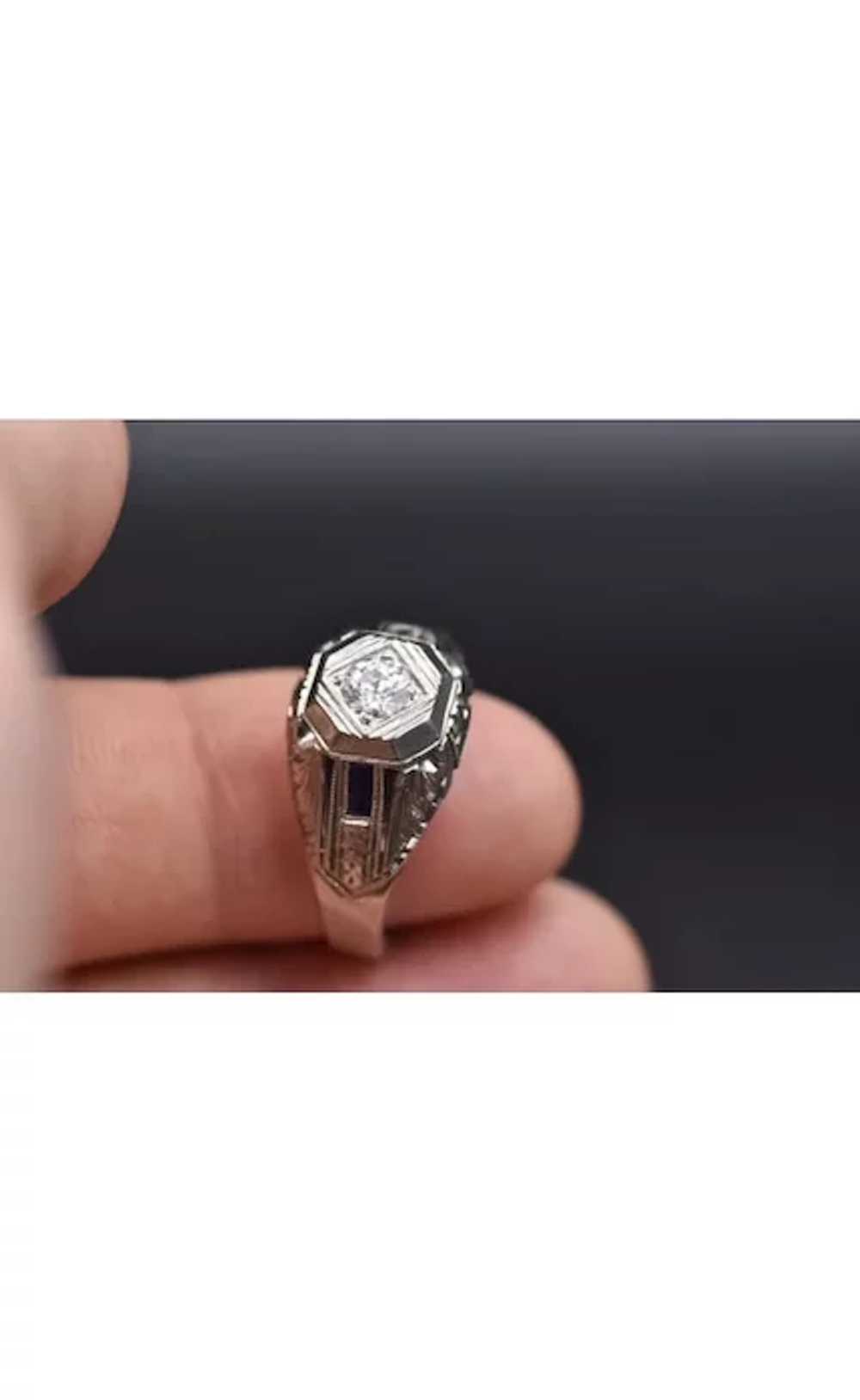 Unisex Art Deco Diamond Sapphire Ring - image 4