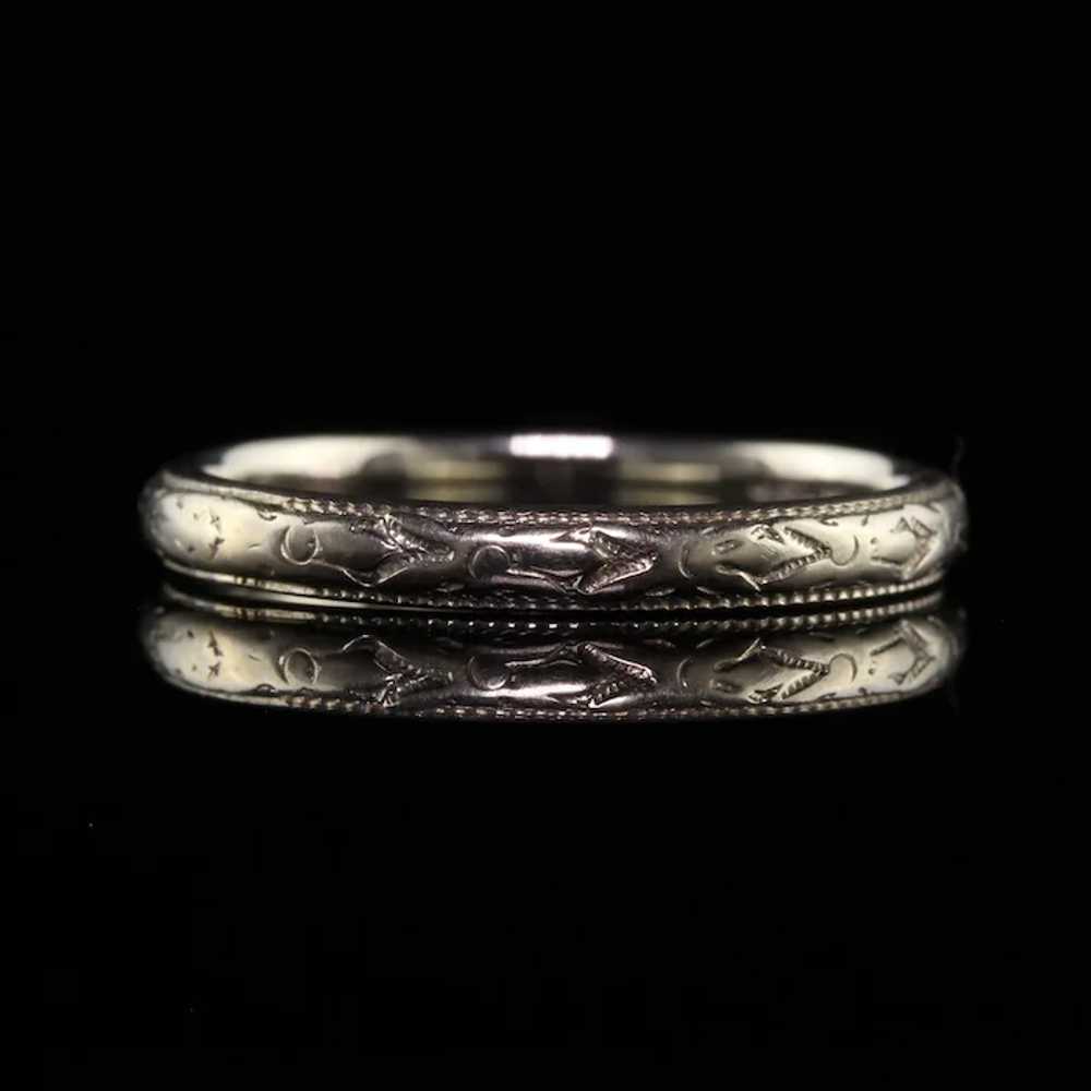 Antique Art Deco 18K White Gold Engraved Wedding … - image 3