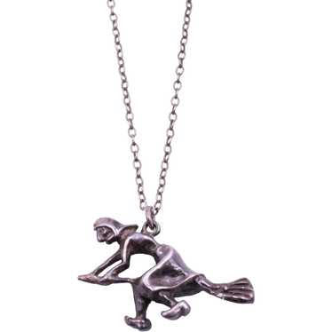 Necklace Sterling Silver Witch Flying on a Broom … - image 1