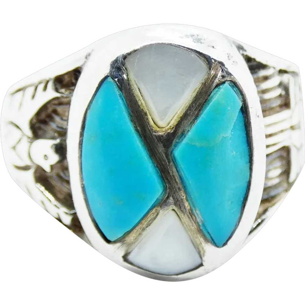 Vintage Silver Turquoise and Mother of Pearl Ring - image 1
