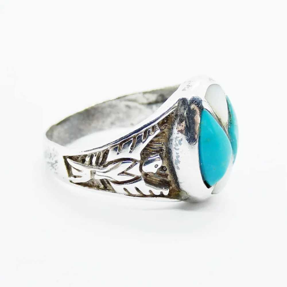 Vintage Silver Turquoise and Mother of Pearl Ring - image 2