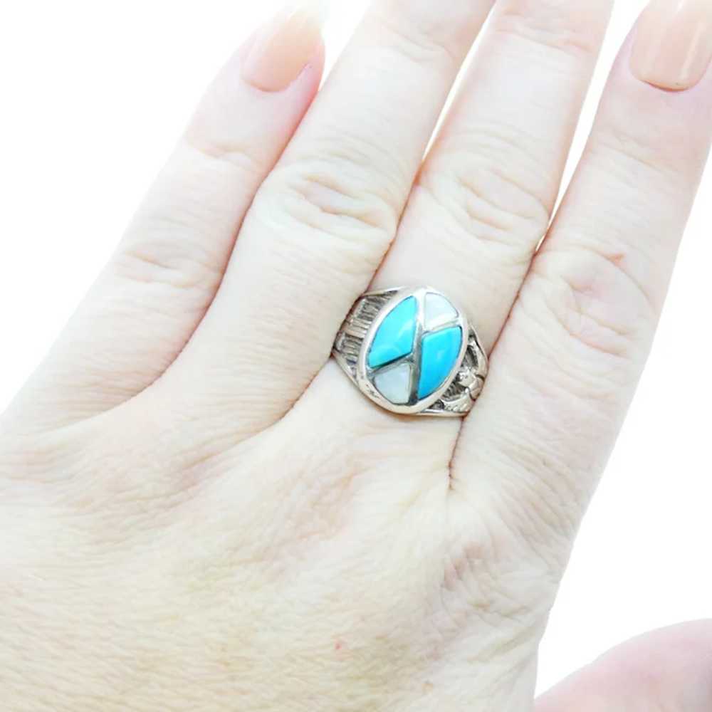 Vintage Silver Turquoise and Mother of Pearl Ring - image 4