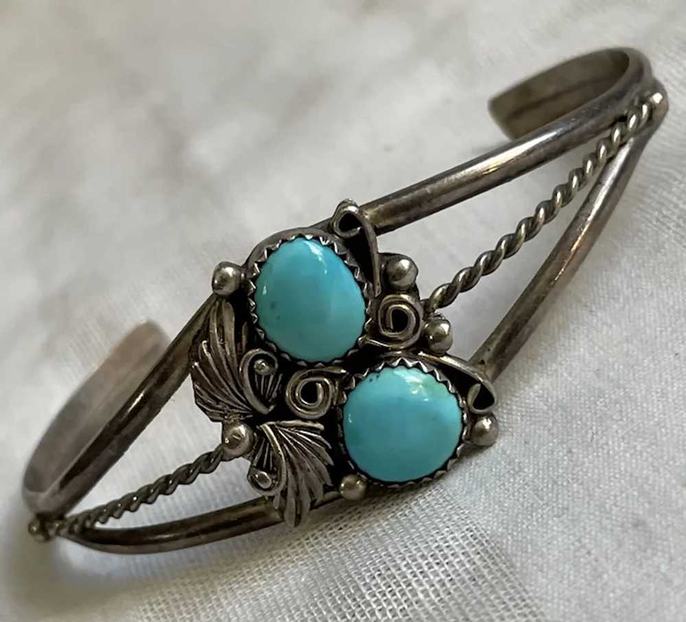 Vintage Navajo Sterling Silver Blue Turquoise Cuf… - image 3