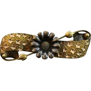 Silver Flower & 18K Gold Scroll Ribbon Bar Pin