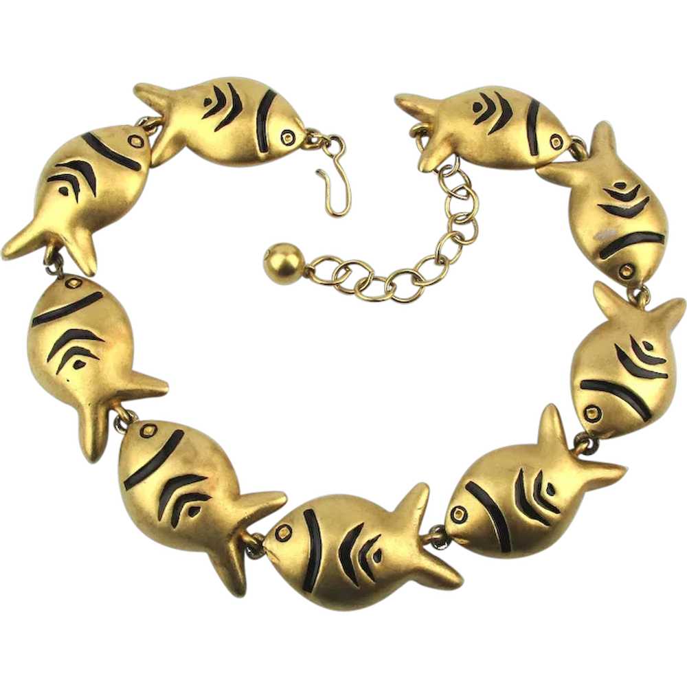 Signed AFJ Bold Matte Goldtone Fish Necklace - image 1